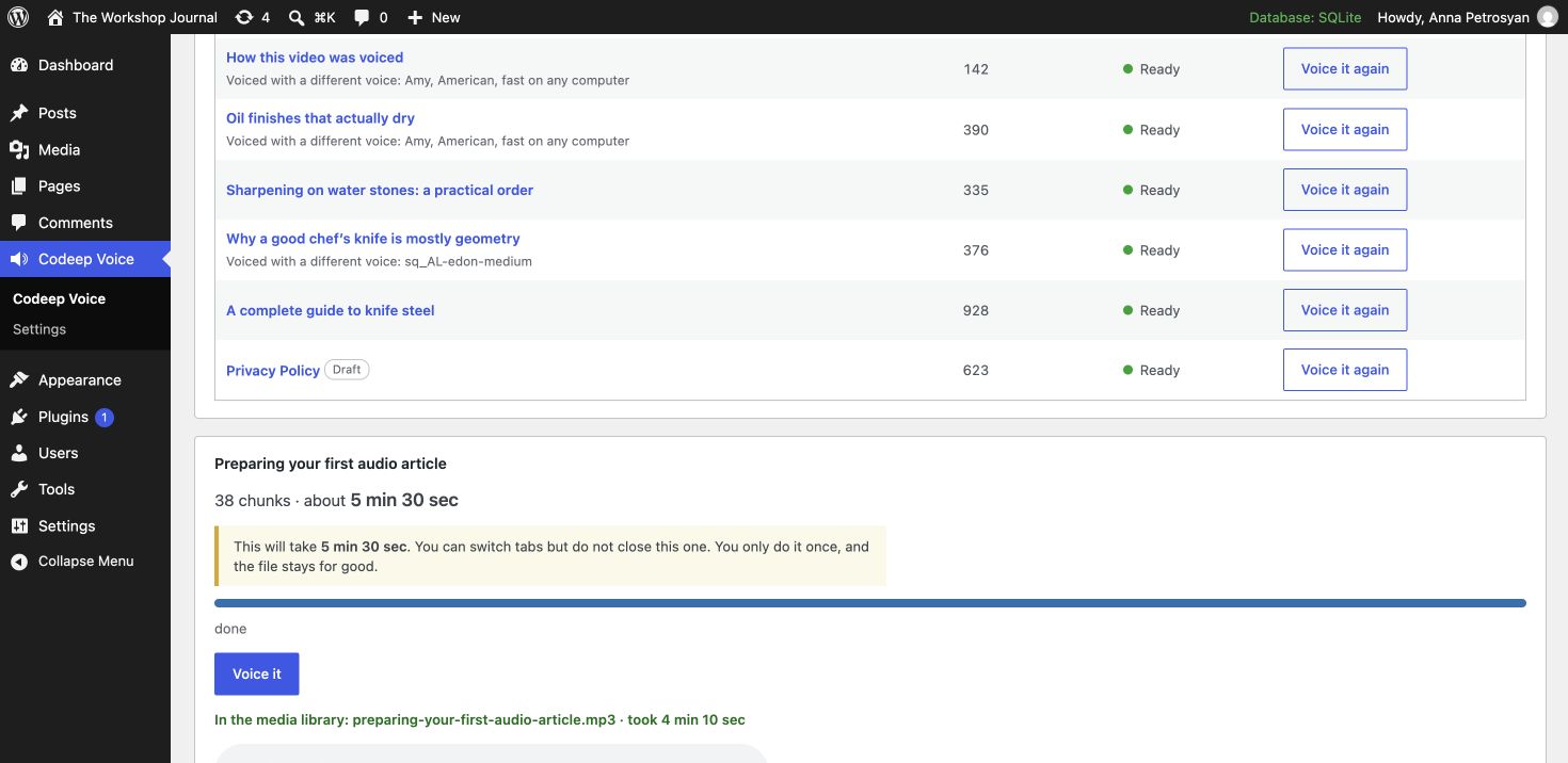 The local WordPress recording screen after completing the test article, reporting that its MP3 is in the Media Library and took 4 min 10 sec.