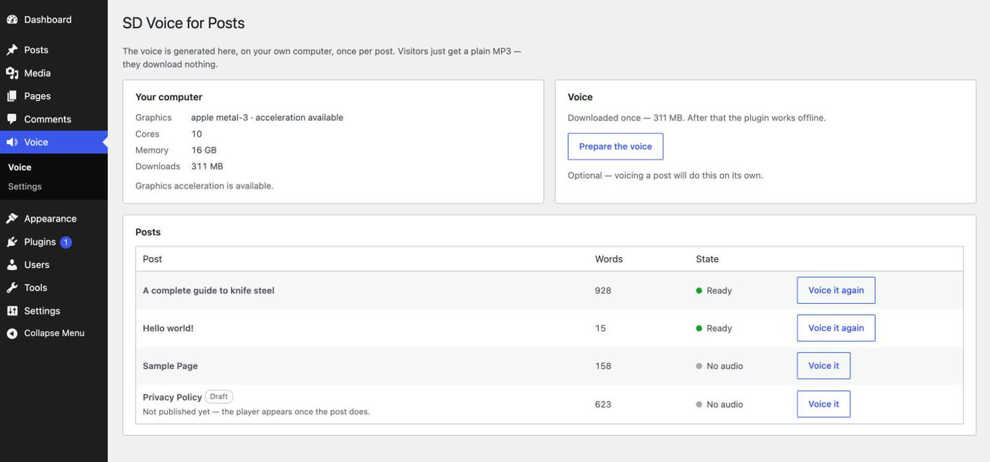 The plugin's screen inside WordPress: a panel reading the computer's graphics, cores and memory; a panel offering to download the voice once; and a table of posts with their word counts and whether each already has audio.