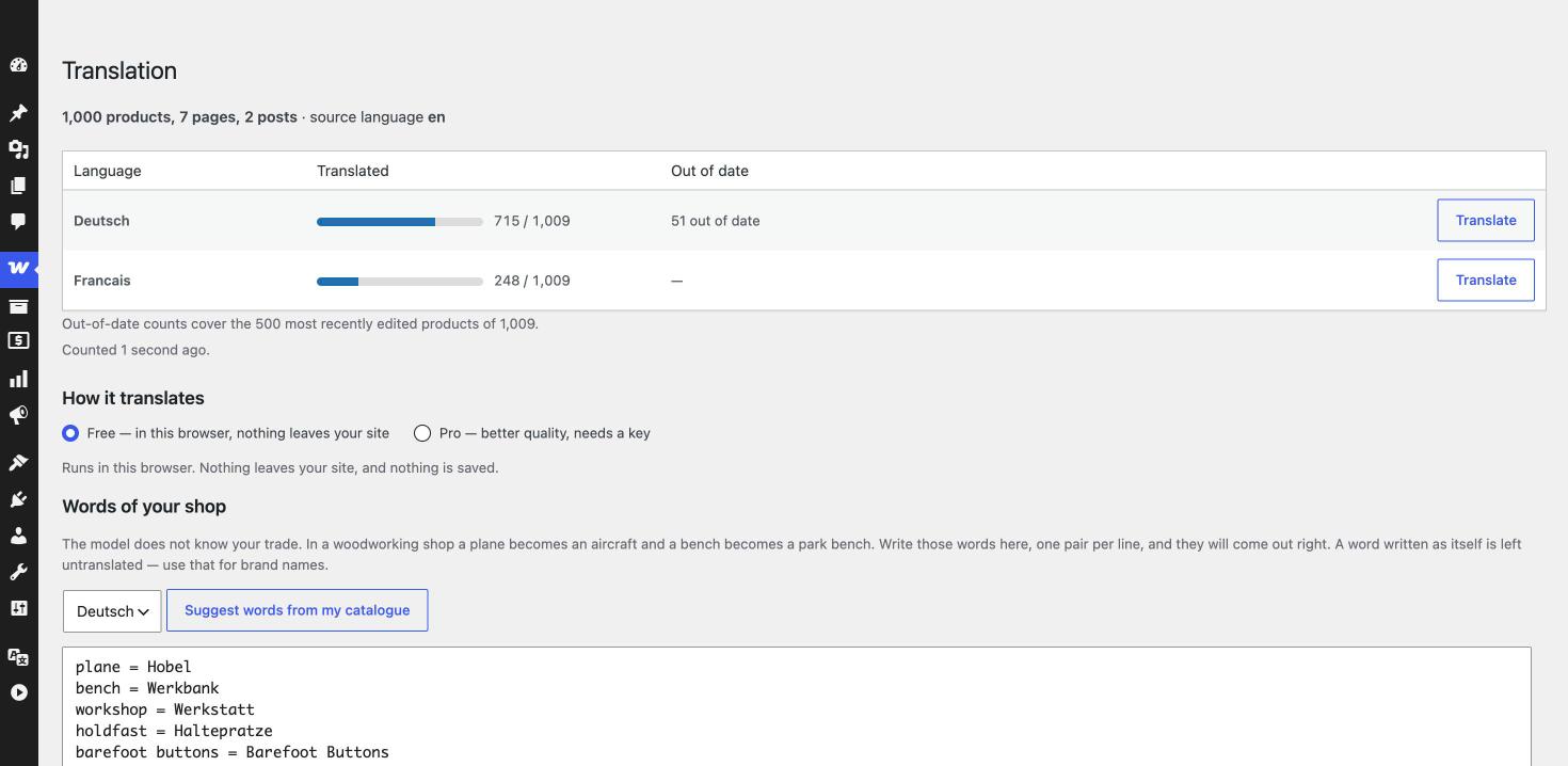 The plugin's screen inside WordPress: a thousand products counted, German at 715 of 1009 translated with 51 out of date, French at 248 of 1009, the choice between translating in the browser and through the paid service, and the shop's word list below.